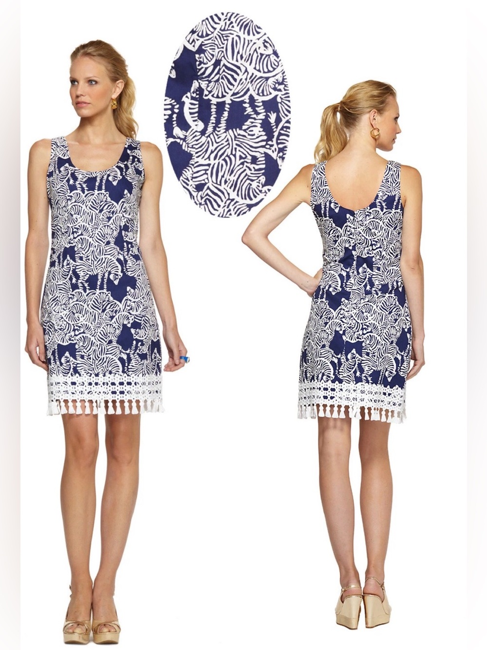 Lilly Pulitzer Thompson Bright Navy “I Herd You” Zebra Shift Lace Tassel Dress